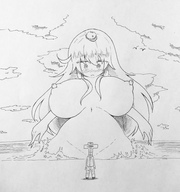 drawing blushing monochrome long_hair water huge_breasts looking_down outdoors リモタ