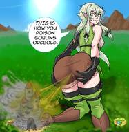 drawing long_hair smiling green_hair kneeling fart mountains forest outdoors looking_back goblin pointed_ears fort swampyart spread_butt