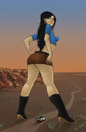 drawing giantess black_hair long_hair skirt boots unknown_artist outdoors truck looking_back bare_midriff
