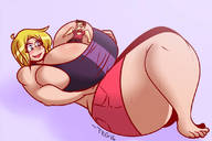 drawing giantess blushing blonde long_hair barefoot huge_breasts sweat lying_down thick_thighs no_background theenglishgent between_breasts