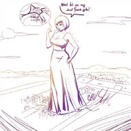 giantess city monochrome destruction dress short_hair looking_down outdoors between_fingers dialogue pinched