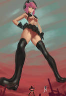 drawing giantess large_breasts topless smiling pink_hair boots bottomless looking_down kill_la_kill ryuko_matoi smug satsuki_kiryuin kononiko nonon_jakuzure