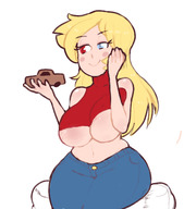 drawing blonde long_hair handheld huge_breasts smiling unknown_artist sitting underboob vehicles big_butt thick_thighs no_background heterochromia