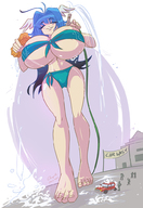 bikini drawing long_hair wet blue_hair huge_breasts smiling vehicles outdoors sponge no_background angelgts water_hose