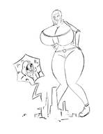 drawing giantess city monochrome long_hair huge_breasts unknown_artist looking_down laughing outdoors hands_on_hips no_background