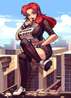 drawing giantess city long_hair destruction high_heels stockings red_hair drinking vehicles gareit0