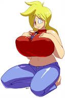 drawing blonde long_hair barefoot huge_breasts unknown_artist sitting no_background heterochromia on_breasts bare_midriff