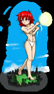 drawing giantess panties blushing city mega color destruction blue_eyes barefoot topless red_hair walking covering_breasts squashedtogoo