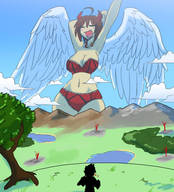 drawing giantess panties giga horns wings color cleavage bra brunette mountains nosebleed kenj