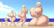 bikini drawing growth giantess nude color butt beach huge_breasts underwear breast_expansion sitting shorts outdoors ripped_clothing thick_thighs forsa-kun