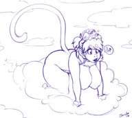 drawing furry anthro monochrome huge_breasts crawling shrunken_man cloud banana sheela on_head