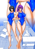 drawing giantess city black_hair long_hair swimsuit purple_hair huge_breasts smiling ponytail short_hair unknown_artist giantesses outdoors