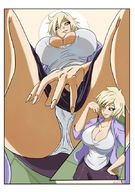 drawing panties upskirt blonde clothed skirt huge_breasts low_angle smiling short_hair unknown_artist looking_down indoors crouching between_fingers milf point_of_view pinched mitsuki_bakugou