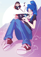 drawing gentle giantess color long_hair cleavage jeans blue_hair sitting heart mountains video_game outdoors converse angelgts nintendo_switch between_breasts kathryn solar solarheart21