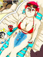 bikini drawing giantess large_breasts brunette multiple_sizes red_hair lying_down short_hair unknown_artist between_legs pool shrunken_woman shrunken_man swimming drinking tinies between_breasts