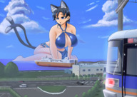 drawing giantess tail mega color large_breasts swimsuit blue_eyes cleavage ocean cat_ears cat_girl ships bigsis_iyashi