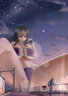 drawing giantess mega color large_breasts handheld cleavage saliva purple_eyes looking_down ships bigsis_iyashi