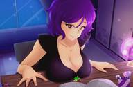 drawing large_breasts cleavage purple_hair smiling short_hair unknown_artist shrunken_man looking_down pinned book reading under_breasts