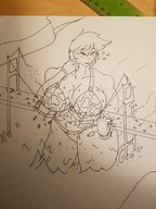 drawing giantess monochrome large_breasts bridge destruction cleavage breast_crush