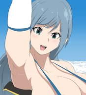 drawing blushing long_hair clothed blue_hair huge_breasts unknown_artist airplane looking_down clouds arm_raised