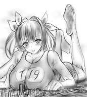 drawing blushing long_hair tongue toes barefoot soles wet huge_breasts breast_crush lying_down unknown_artist open_mouth dirty_soles between_breasts hair_ribbons