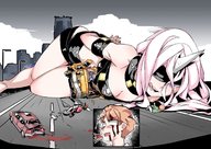 drawing large_breasts long_hair cleavage blood pink_hair lying_down short_hair shorts open_mouth licking_lips vehicle_crush horn imminent_vore eyepatch luckyb