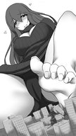 drawing giantess panties feet blushing city mega monochrome destruction barefoot cleavage looking_down mejiro メジロ