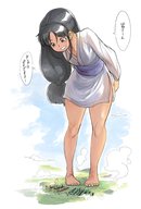 drawing giantess city mega black_hair long_hair barefoot bending_over looking_down japanese_text thick_thighs bakugeki_no_g
