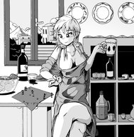 drawing monochrome large_breasts long_hair cleavage smiling sitting looking_down soccer drinking tinies legs_crossed labbaart