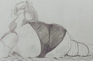 drawing giantess blushing giga city monochrome butt butt_crush huge_breasts ponytail looking_back no_background ulzakino