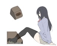 drawing feet black_hair long_hair skirt entrapment under_foot smothering in_box