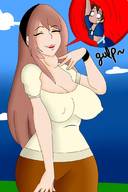 drawing vore long_hair huge_breasts brunette unknown_artist closed_eyes bracelet hairband cutaway