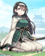 drawing giantess long_hair armor sword brunette smiling unknown_artist sitting outdoors hairband