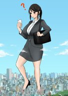 breasts drawing giantess city mega black_hair color large_breasts long_hair destruction skirt buildings ponytail phone looking_down outdoors shirt handbag office_lady confused orenji