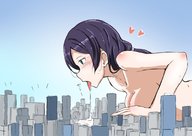 nude blushing giga long_hair tongue saliva purple_hair lying_down unknown_artist heart open_mouth outdoors sweat_drop nozomi