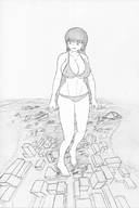 bikini drawing giantess city monochrome black_hair long_hair destruction barefoot huge_breasts walking looking_down outdoors yamumil
