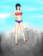 drawing city black_hair large_breasts long_hair shorts outdoors hand_on_hips yamumil