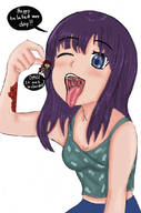 drawing vore long_hair tongue purple_hair unknown_artist open_mouth between_fingers no_background pinched one_eye_closed