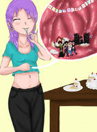 drawing vore cake unknown_artist fork shrunken_man party hoop_earrings tinies internal_view no_background cutaway