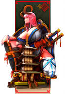 drawing giantess horns long_hair clothed sword cleavage huge_breasts pink_hair unknown_artist outdoors
