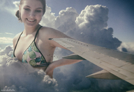 giantess collage mega bra smiling airplane clouds aerial_view kyoujingirls