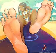 drawing feet black_hair color long_hair blue_eyes beach toes barefoot soles shrunken_man looking_down dark_skin outdoors hoop_earrings pokemon_trainer armband beach_towel bare_midriff chitteringbones nessa_(pokemon)