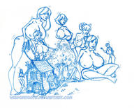 drawing giantess nude monochrome huge_breasts multiple_sizes tree sitting wizdomtooth giantesses houses no_background