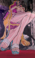 drawing crush nude long_hair butt_crush purple_hair blood sitting foot_crush shrunken_man looking_down shoe_crush tinies throne ipanick