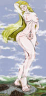 drawing giantess nude giga blonde long_hair destruction barefoot smiling foot_crush foot_print tattoo closed_eyes ipanick