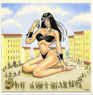 bikini drawing giantess black_hair long_hair blue_eyes handheld smiling medieval crowds looking_at_victim the_borrower straight_hair
