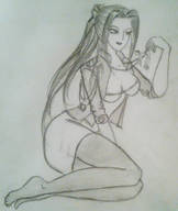 drawing monochrome large_breasts clothed cleavage skirt unknown_artist nylons shrunken_man looking_down no_background