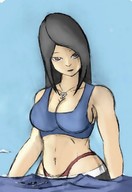 drawing black_hair large_breasts long_hair ocean outdoors necklace ships sports_bra colonel-gabbo