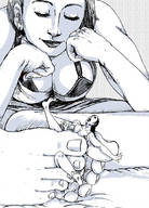 drawing monochrome large_breasts barefoot cleavage bra shrunken_woman between_feet looking_at_victim swgtsdrawing