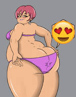 bikini drawing pink_hair short_hair unknown_artist bbw looking_down freckles earrings big_butt dialogue panty_entrapment thick_thighs no_background